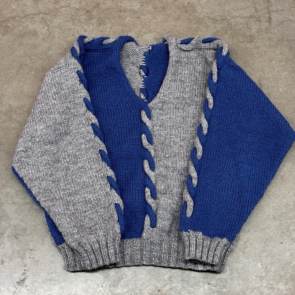 Vintage Blue Grey Hand Knit Sweater Chunky Knit Pullover Oversized Men's Large